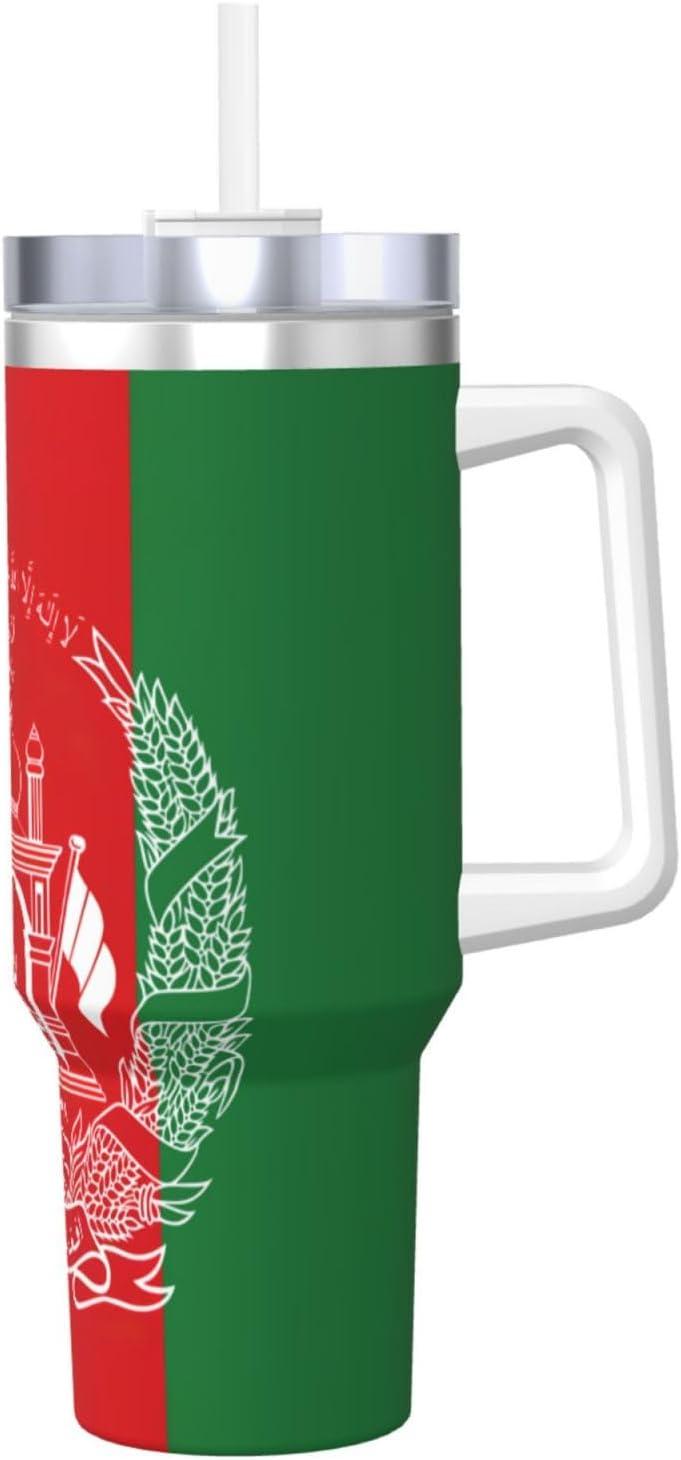 40 OZ Flag of Afghanistan Print Ice Bully Cup with Handle Straw Lid Straw,Stainless Steel Tumbler Coffee Cup