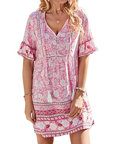 BebreezChic Damen Boho Sommerkleider Kurzarm V-Ausschnitt Hohe Taille Vintage Luftigem Minikleider, Rosa, XL