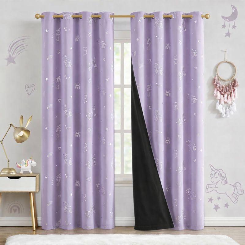 Image of BFAM Kids Blackout Curtains 9 feet Set of 1 - 100% Room Darkening, Thermal Insulated, Noise Reducing, Cute Unicorn Lilac Prints, Eyelet Curtains for Playroom, Bedroom & Nursery, Pack of 1 Curtain