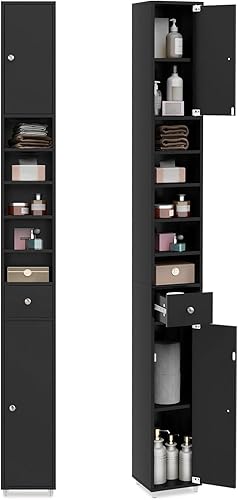 Miniatura 7 de FUTADA - Armario de almacenamiento de baño estrecho de 71 pulgadas de alto con 1 cajón, 2 puertas, 5 estantes abiertos, gris Gris,Negro