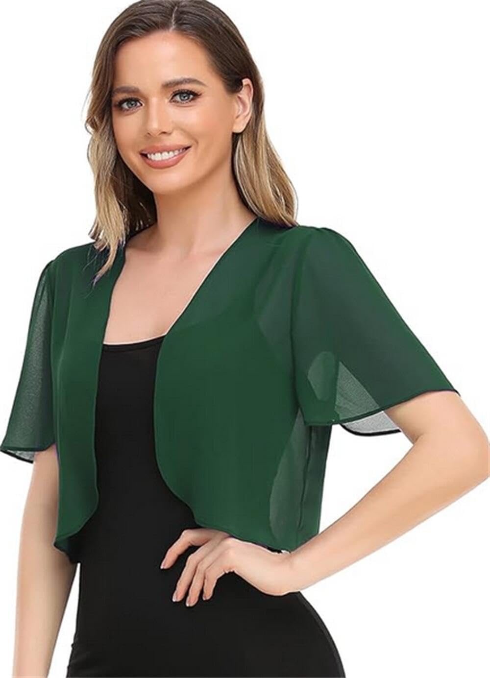 Yetoun Women's Dark Green Bolero Shrug Soft Chiffon Open Front Sheer Short Sleeve Cropped Cardigans For Evening Dress