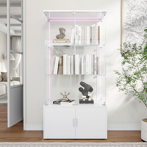 Armadio con vetrina a 3 strati e 1 armadio, vetrine con illuminazione e serratura vetrine in legno con ante in vetro mobili vetrine in vetro per soggiorno, camera da letto, ufficio, cucina