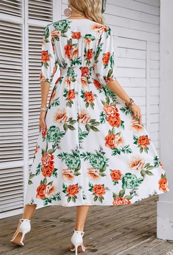 Image of Kormei Women Casual Boho V Neck 3 /4 Sleeve Smocked Waist A Line Flowy Swing Midi Dress Smocked Long Dress