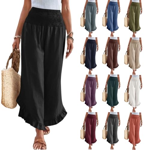 Summer Wide Leg Linen Pants for Women Smocked Waist Ruffle Palazzo Pants Boho Flowy Casual Beach Trousers with Pockets