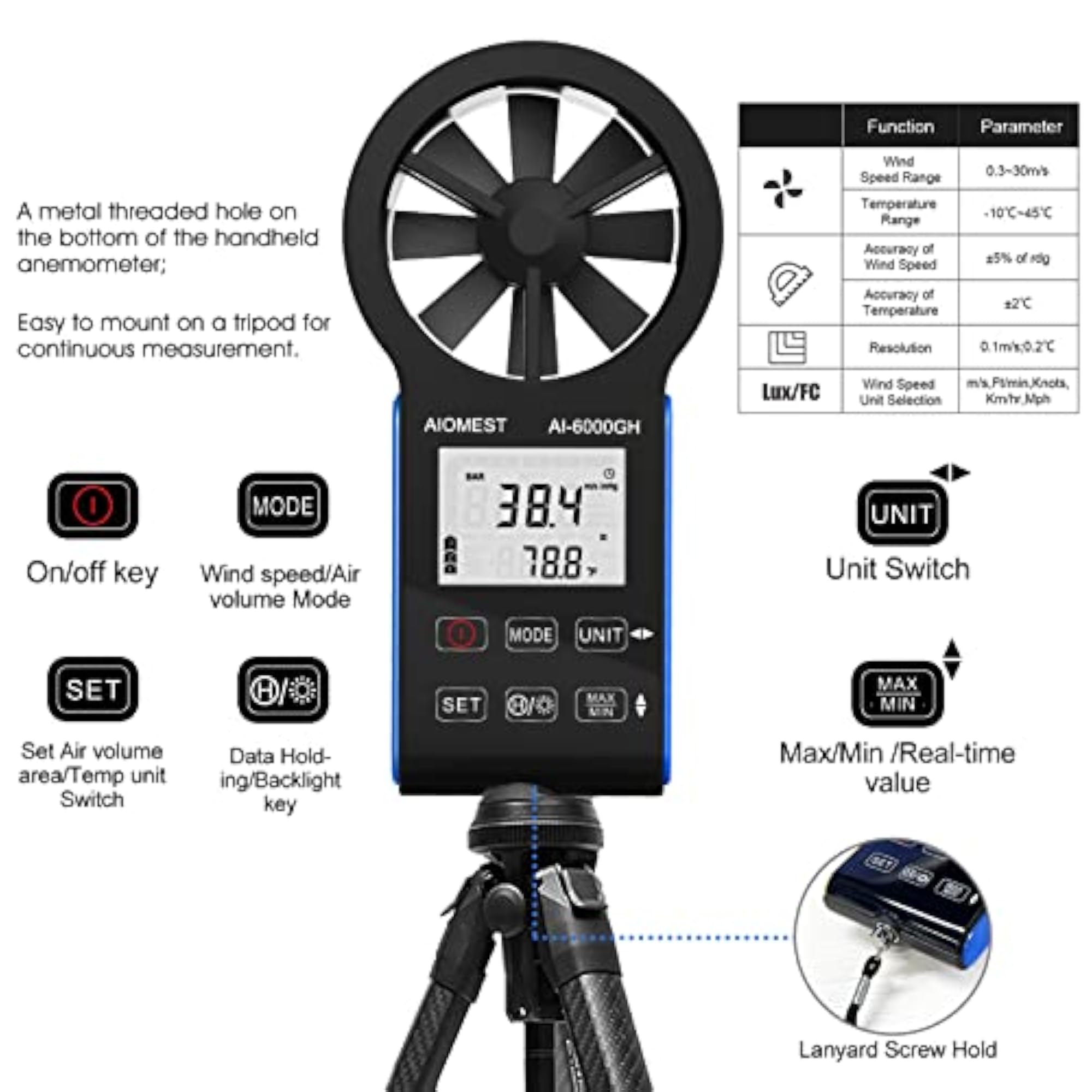 Digital Rechargeable Anemometer with Touch Screen Display