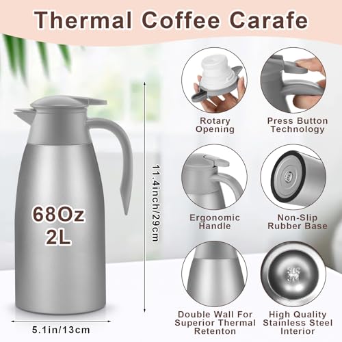 Image of Norme 2 Pcs Thermal Coffee Carafe Insulated Stainless Steel Coffee Carafe for Hot Liquid Vacuum Thermal Pot Creamer Pitcher Dispenser with Brushes Keeping Hot Water Milk(Gray,68 oz)