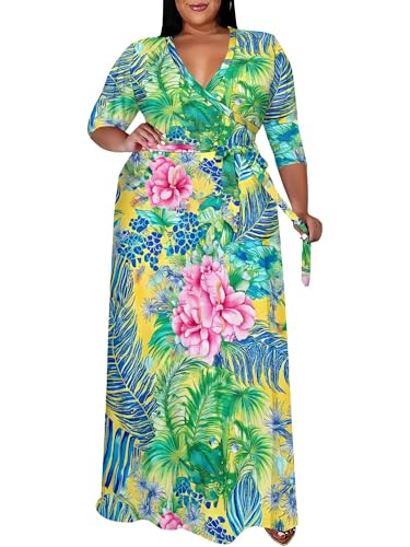 Image of SUZONANA Plus Size Maxi Dresses for Curcy Women Casual Loose 3 /4 Sleeve Long Dress with Belt