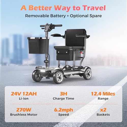 Image of Lightweight Mobility Scooter for Adults & Seniors - Cruise & Airport Approved, 43lb Foldable Portable Motorized Scooters with Removable Lithium Battery for 12.4 Miles Travel, 300lb Capacity, Silver