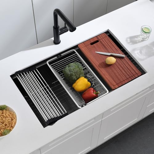 32 Black Undermount Kitchen Sink Workstation, Dorzom 32 x 19 x 10 in Matte Metallic Black Stainless Steel Undermount 16 Gauge Single Bowl Workstation Ledge 10 Inch Deep Kitchen Sink with Accessories by Dorzom - Image 7