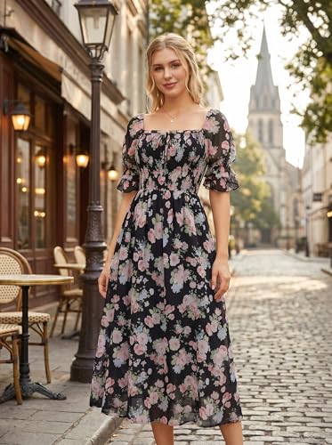 Scarlet Darkness 2026 Summer Floral Dress for Women Cottagecore Smocked Midi Dresses Black Pink Floral S — view 3