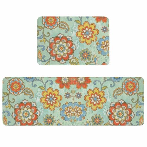 Yaiikkvbaa Teal Green Boho Floral Kitchen Rugs and Mats Non