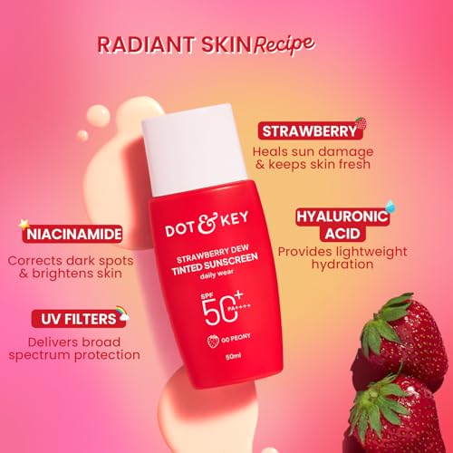 Image of Dot & Key Strawberry Dew Tinted Sunscreen SPF 50+ Pa++++ - 00 Peony In-Vivo Tested | For Daily Wear, Brightens & Protects Skin, Ultra-light, Blends Easily, With Niacinamide, Natural Finish, Non-Greasy, Non-Stickys | 50ml