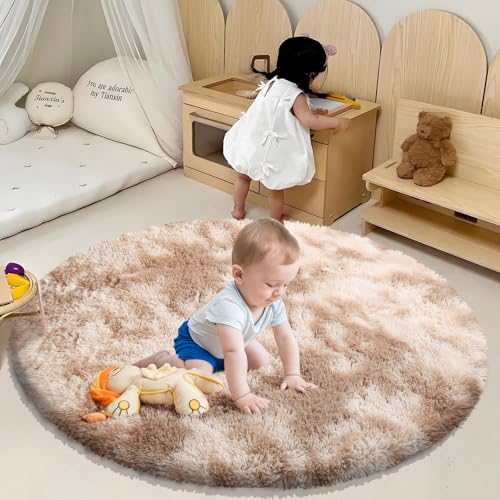 Fluffy Round Rug,Soft Area Rugs for Girls Room,Shaggy Rugs 5'X5' for Living Room,Non Slip Circle Rug for Kids Bedroom,Shag Plush Nursery Carpets,Fuzzy Rug for Dorm,Room Decor Carpet,Tie-Dyed Beige