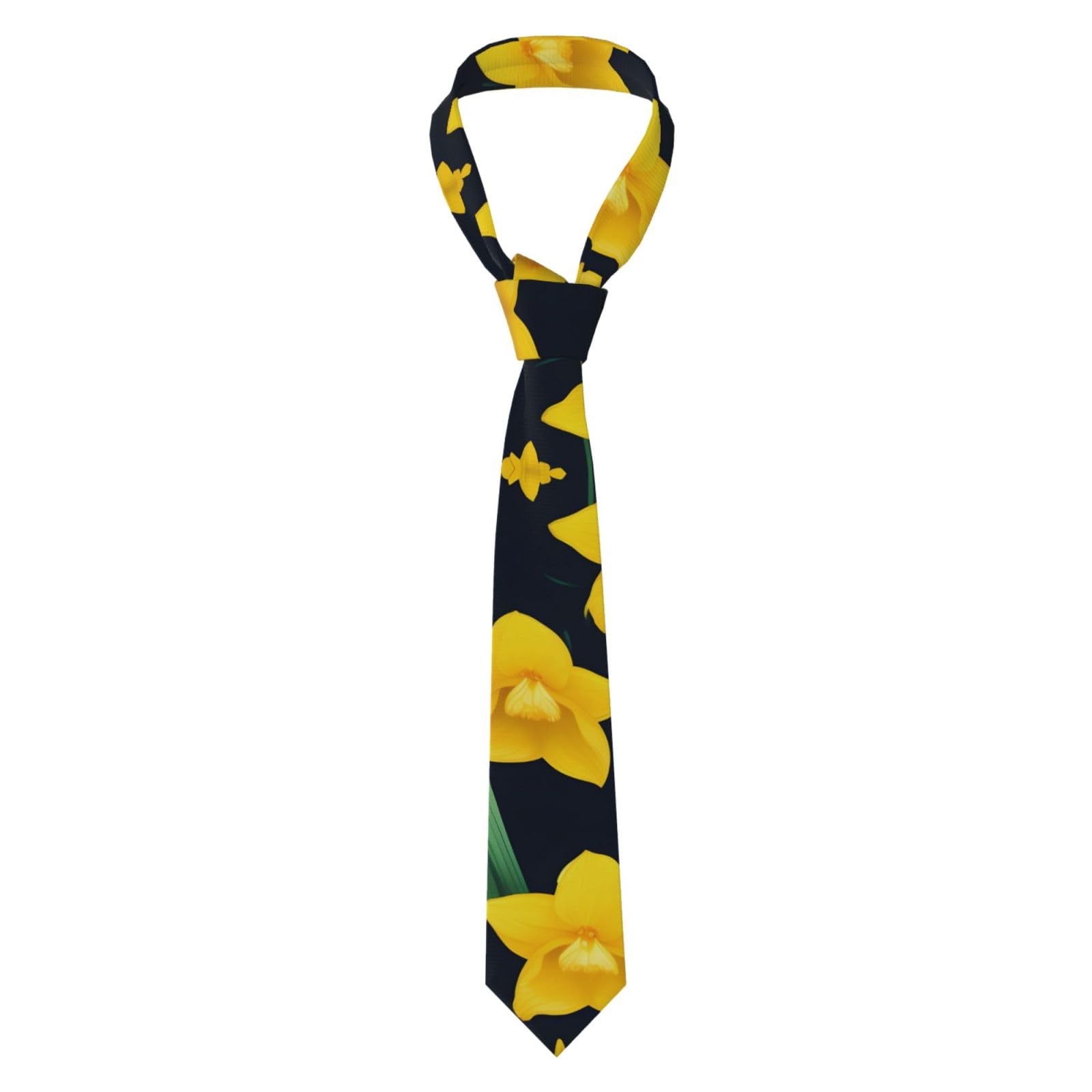 Qqoupp Men's Black Necktie Tie Daffodil Flower Pattern Soft And Comfortable, Non-Deforming, Fade-Resistant, Flat And Crisp