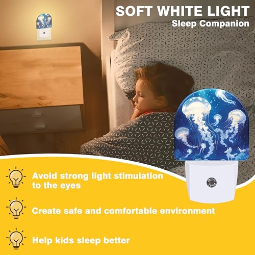 Image of Underwater Night Lights Plug into Wall White Glowing Jellyfish Night Light Dusk to Dawn Smart Sensor Decorative Round Led Lamp for Bedroom Kitchen Hallway Nightlight for Women Men