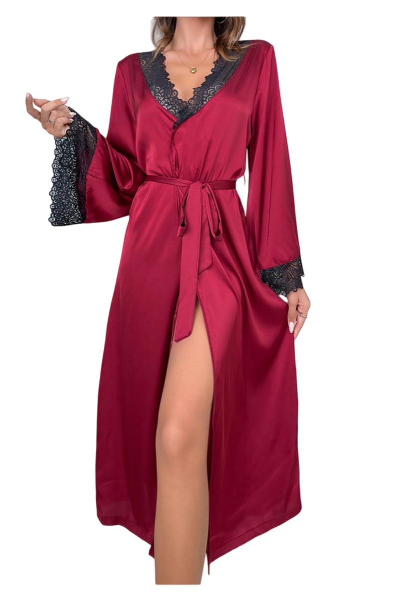 Kimono Largo de Satén para Mujer,Bata Sexy con Cuello en V y Ribete de encaje Negro para Dama de Honor O Boda,Ropa de Estar Ligera y de Lujo.