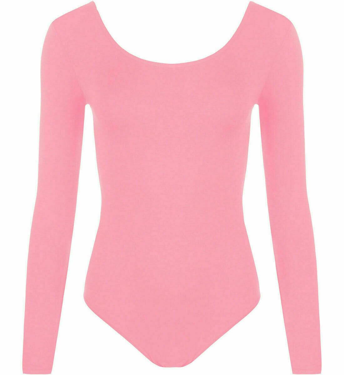 FAIRY TRENDZ LTD Women Stretch Bodysuit Long Sleeve Top Girls Plain Scoop Neck Leotard Body Top T Shirt