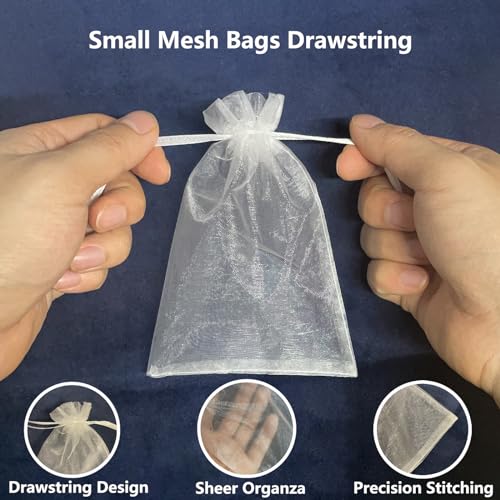 Image of Organza Bags 2.8 inchx3.6 inch, 100Pcs Small Mesh Drawstring Pouches | White Organza Bags for Jewelry, Candy, Party Favors, Small Sachet Wrap, Storage Supplies