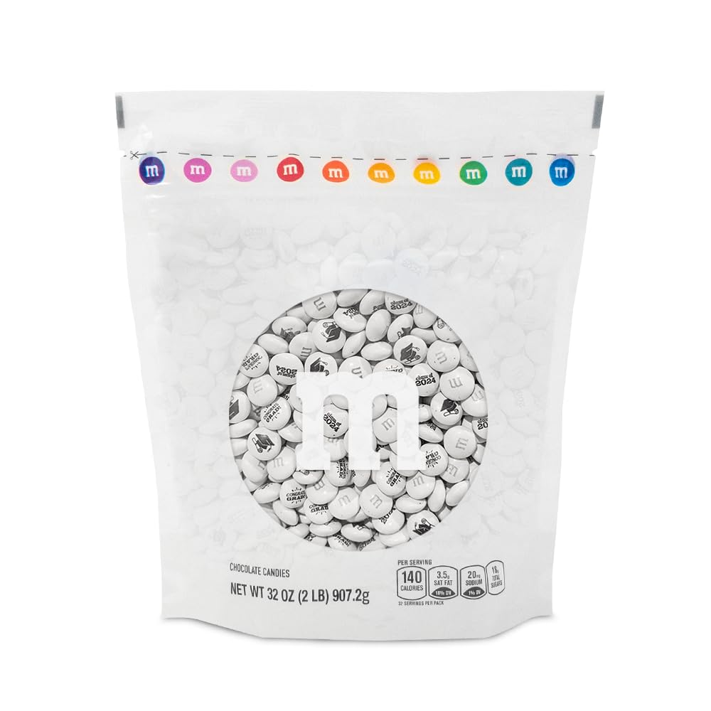 M&M'S Class of 2024 Milk Chocolate Candies, 2 Pounds of White Bulk Candy Printed With Grad-Themed Images, Resealable Bag for Graduation Parties, Grad Gifts, DIY Favors & More