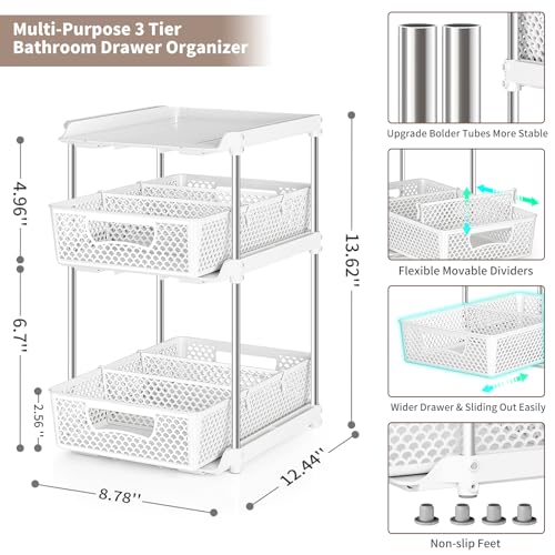 DABIGE 3Pcs 3 Tier Bathroom Organizers and Storage, UPGRADE WIDER BOLDER, Pull Out Under Sink Organizer with Dividers, Kitchen Pantry Organizers - White