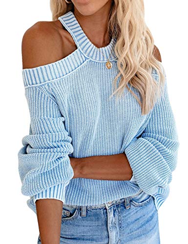 Sexyshine Women's Casual Loose Sexy Off Shoulder Halter Neck Criss Cross Backless Long Sleeve Knitted Pullover Sweaters