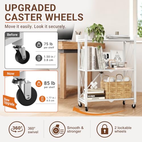 Image of black leopard 3-Tier Foldable Metal Storage Shelf with Wheels, White | Foldable Design; 85 lb Capacity per Shelf; Preassembled Frame; Lockable Casters; Reinforced Metal Construction