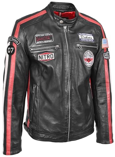 Mens Soft Leather Biker Jacket with Racing Stripes Sports Badges Casual Fitted Style4