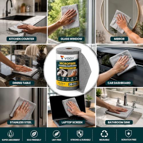 Image of VOOY Microfiber Cleaning Cloth Roll | 20 Reusable Tear-Off Sheets (25 x 25 cm) | Ultra Absorbent, Lint-Free, Scratch-Free Multipurpose Cleaning Cloth | Kitchen, Glass, Car, Mirror&Home Cleaning | Grey
