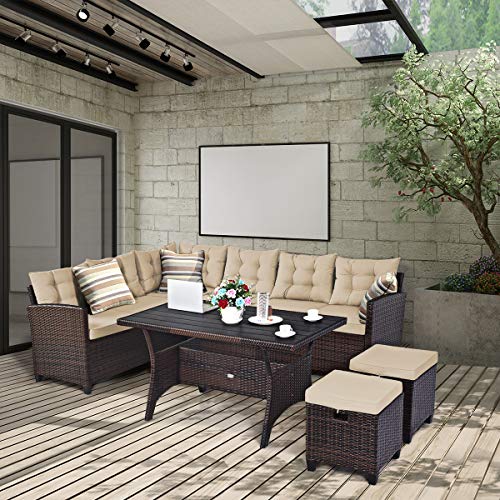 Tangkula 5 PCS Patio Furniture Set, Outdoor Conversation Set with 6 Cushioned Seat 2 Ottomans & Coffee Table, All Weather Wicker Dining Table Set with Ottoman, Rattan Sectional Couch Sofa Set - Image 3