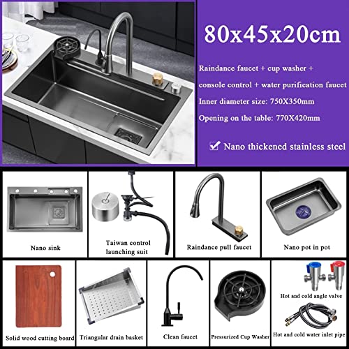Kitchen Sink Flying Rain Waterfall Sink Household Sink, Dishwasher Basin Single Sink Workstation Kitchen Sink With Pull-Out Tap, Chopping Board, Cup Washer (Color : Gun Grey, Size : 80 * 45 * 20Cm) Za #TOP6