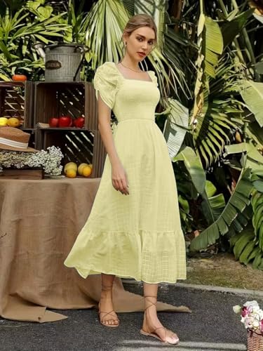 Image of Shreyam Girl's & Women's Solid A-Line Ruched Puff Sleeve Maxi Long Evening One Piece Long Dress for Women Stylish
