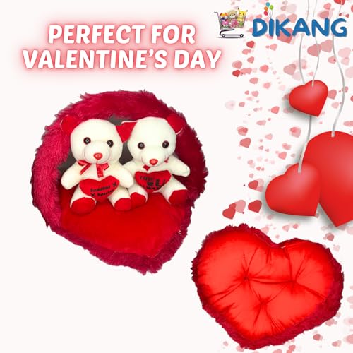 Image of DIKANG Couple Teddy Bear Bouquet with Heart for Valentine's Day Gift | Valentine Gift for Boyfriend /Girlfriend /Husband /Wife - 35cm (Off- White & Red)