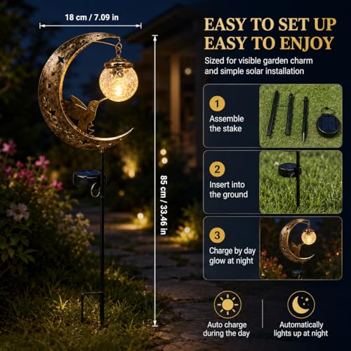 MOYEE Hummingbird Solar Garden Stake Light, Moon Outdoor Solar Lights with Crackle Glass Globe, Metal Crescent Moon Yard Decor, Waterproof Solar Pathway Light for Garden Patio Lawn Flower Bed - image 5