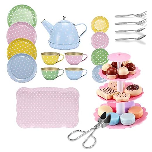 FUQUN 36 Pcs Juego de té Infantil Juego de té Juguete con Postre Juguete Fiestas de té para niños, Diseño de Lunares Pasteles, Juego de Imaginación la Hora del té, Set de Juego para Fiesta del té