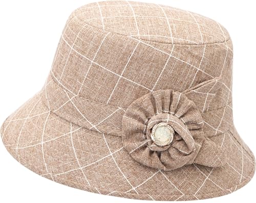 Lynmquober Vintage Fedora Floral Bucket Hat Women Bowler Cloche Hats Beige