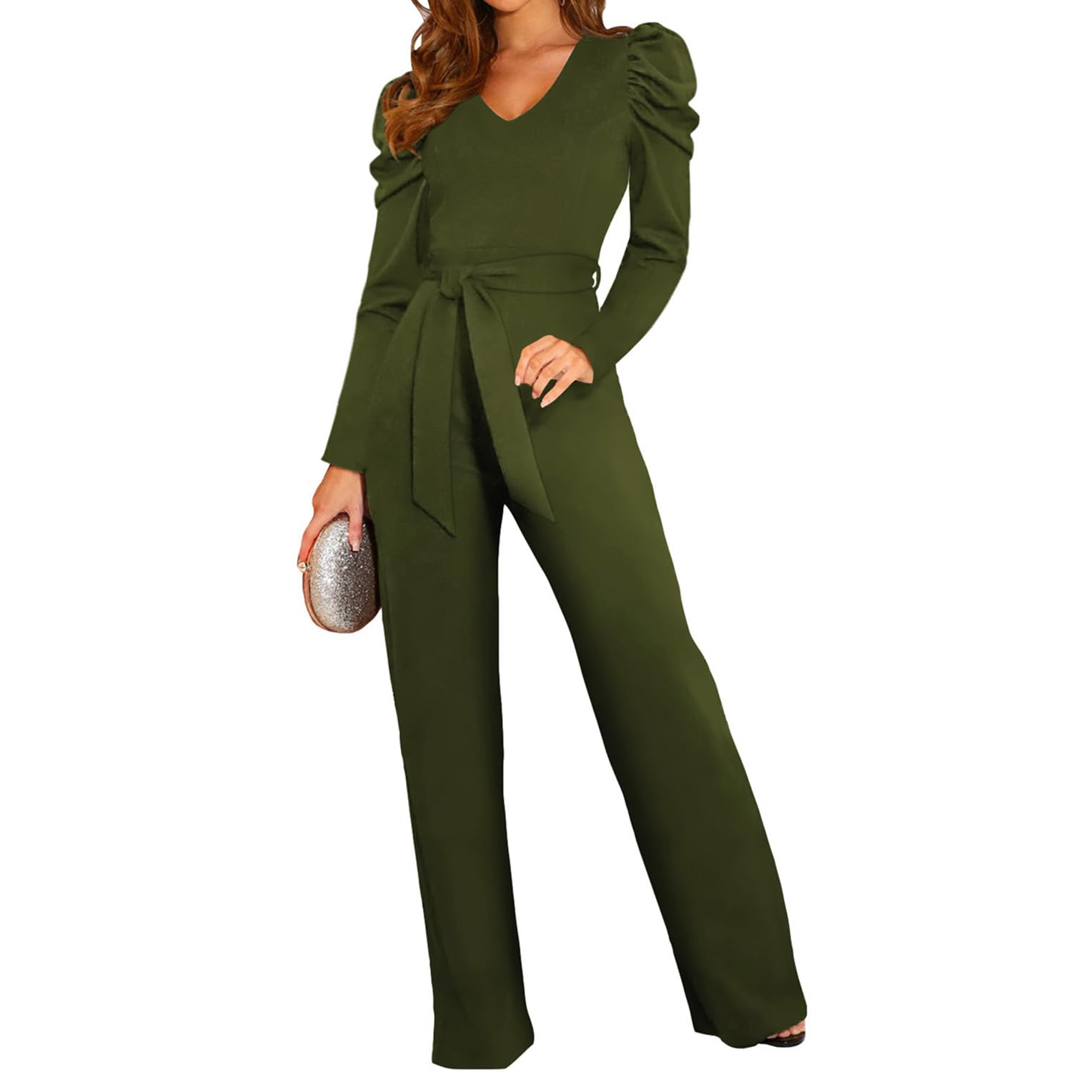 Coloody Damen Lang Jumpsuit Overall Hosenanzug V Ausschnitt Elegant Romper Kurzarm Rundhals Playsuit mit Gürtel