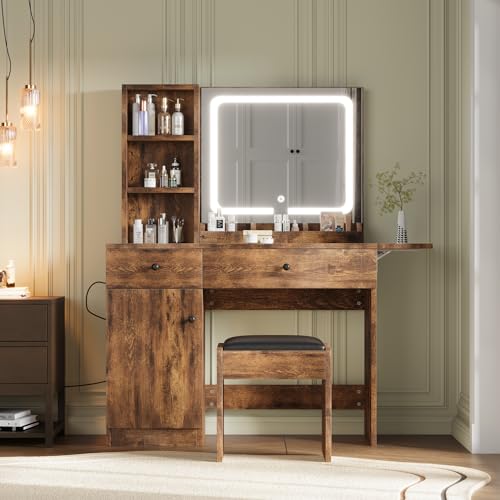 GAOMON Vanity Desk with Mirror and Lights, Makeup Vanity with 2 Drawers & 2 Shelves & One Door, 3 Lighting Modes Adjustable Brightness, Bedroom Dressing Table, Brown