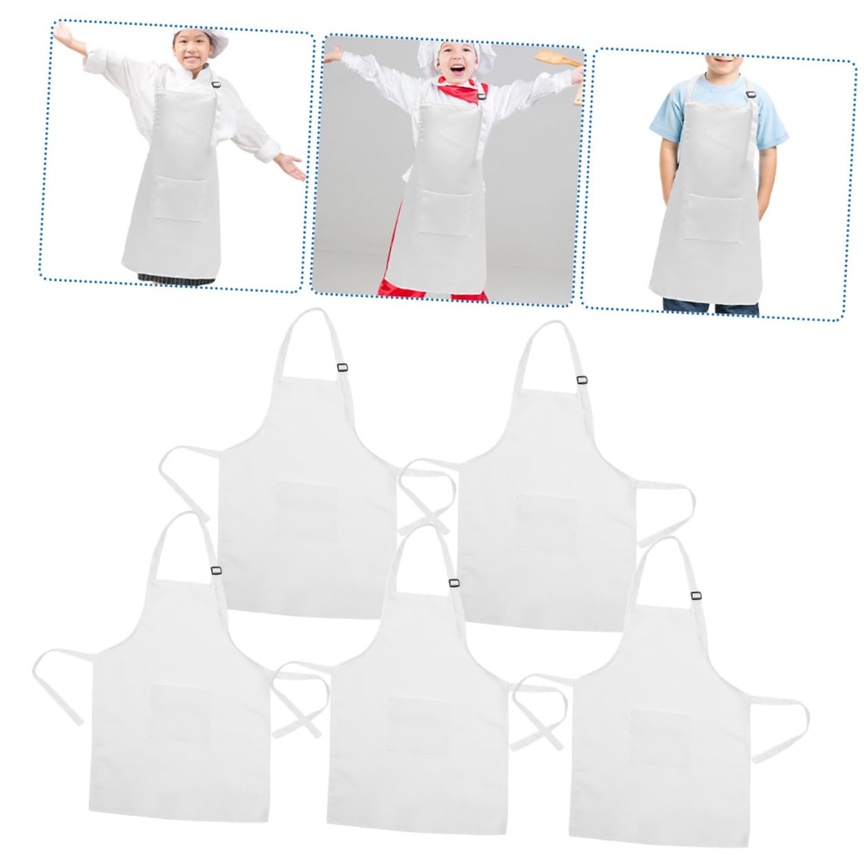 Delantal de Dibujo para Niños, Ajustable y Reutilizable, Poliéster Blanco, 5 Piezas, Adecuado para Pintura y Manualidades, 8-12 Años