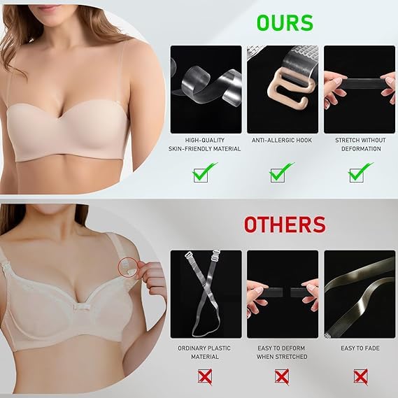 CURATED CART Clear Bra Straps, 2cm Wide Adjustable Transparent Shoulder Straps, Skin-Friendly Silicone with Silver-Plated Hooks - Image 2 thumbnail