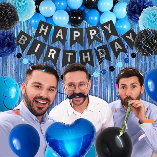 Image of Blue and Black Happy Birthday Party Decorations kit for Boys Men Women with Happy Birthday Banner, Fringe Curtain,Foil Balloons,Cake Topper for birthday decor (blue black)
