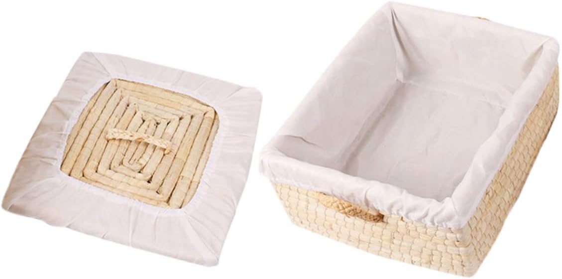 Woven Bread Storage Basket with Lid, Straw Braided Bun and Egg Basket, Square 25x30x14cm, Insulated Bread Keeper for Kitchen Organizer and Home Storage