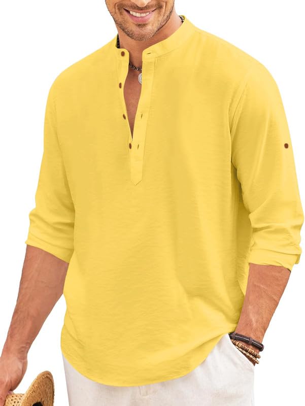 Image of Macsivo Men's Cotton Blend Henley Short Kurta with Mandarin Collar Long Sleeeve Button Closure Curved Hem Regular Fit | Kurta for Men Stylish