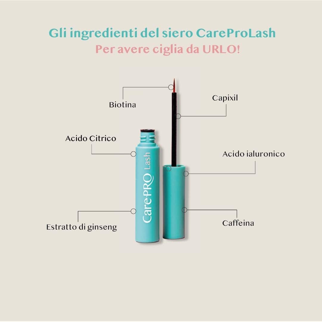 Siero per la Crescita delle Ciglia 4 ML (4 mesi)CarePro Lash +Lunghe+Folte+Forti+Scure-EyeLash Serum. Risultati Garantiti! Ideale anche per le sopracciglia