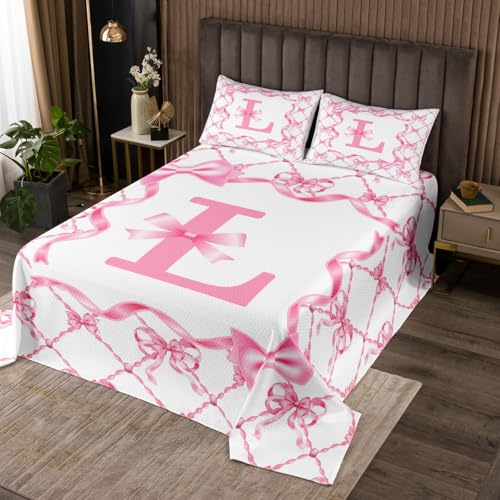 Erosebridal Kids Bowknot Bedspread Sets Twin Size for Girls Initial Letter L Coverlet Set for Mom/Daughter/Sister/Girlfriend Pink Bow Bed Set with 1 Pillow Case Bedroom Decor