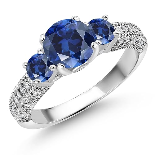 Gem Stone King 925 Sterling Silver Blue Created Sapphire and White Moissanite Engagement Ring For Women (2.18 Cttw, Round 7MM and 4MM, Available In Size 5, 6, 7, 8, 9)