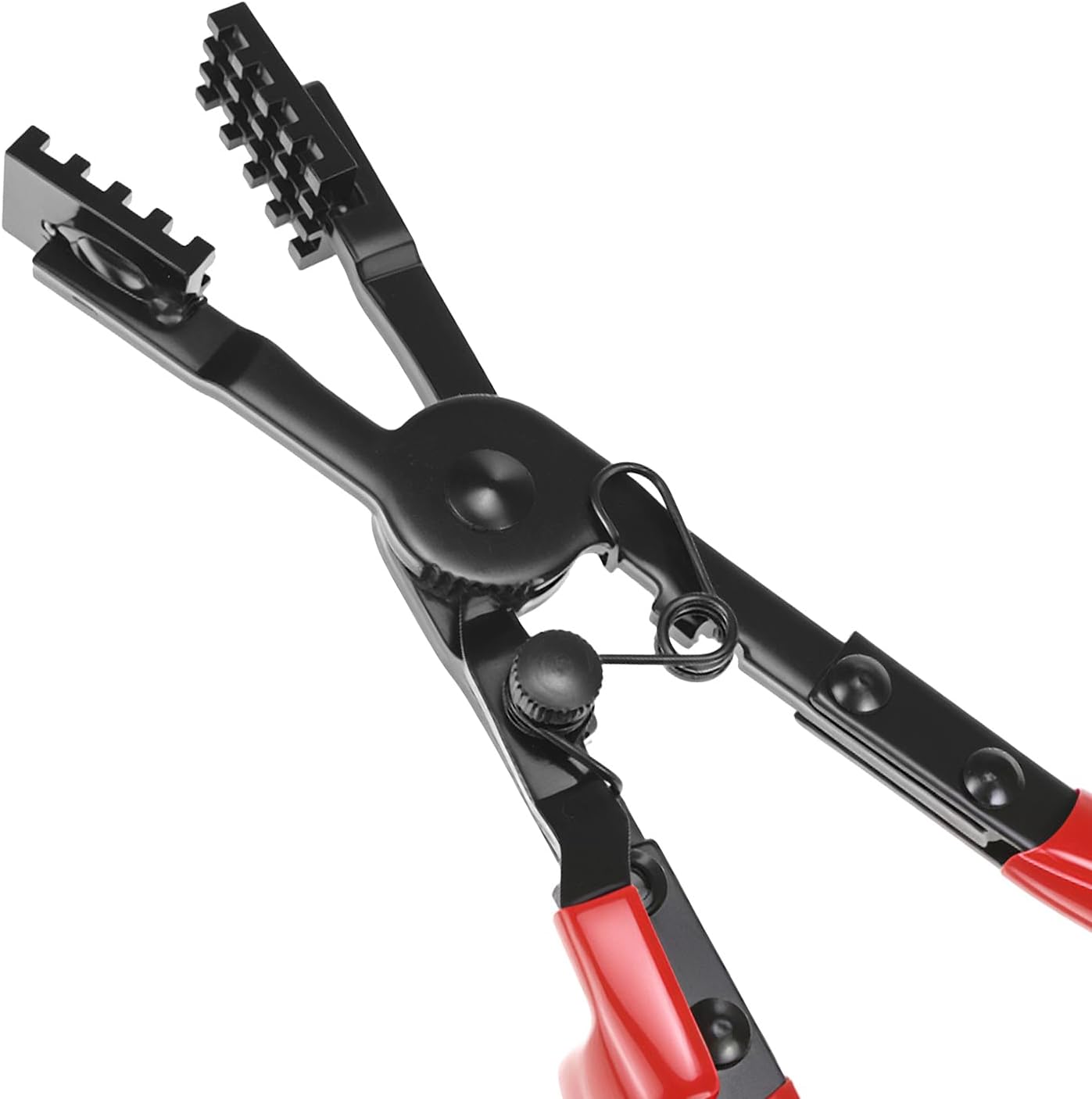 QWORK 2Pcs Multi-Angle Hose Clamp Plier Set, Heavy Duty Locking Hose Clamp Tool for Automotive Fuel Coolant Oil Pipe, Reinforced Carbon Steel Spring Button Pliers for Rusted Aging Clamps