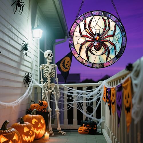 Image of Stained Glass Window Hanging - Halloween Decorations Red Spider Goth Suncatcher for Doors Garden Indoor Funny Spooky Sun Catchers Gothic Decor Horror Gifts for Women Men Friend 7.8 in