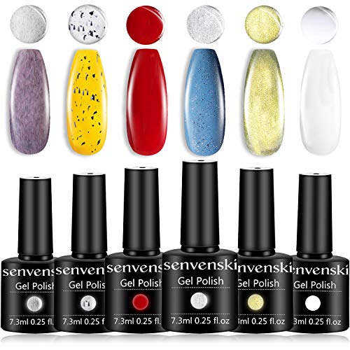 senvenski Gel Nail Polish Top and Base Coat Shine Mirror Eggshell Fur Matte Crystal Cat Eye Effect No Wipe Art Set Soak Off UV LED Lacquer Clear Resin Home Salon Use 6pcs (TB6-001)