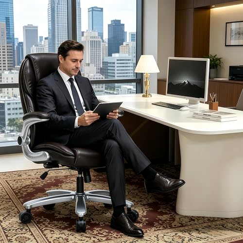 Image of ZLHECTO Big and Tall Executive Office Chair, PU Leather Swivel Desk Chair with Flip-up Arms, Adjustable Lumbar Support, Space-Saving Height Adjustable Rolling Computer Chair for Home & Office Use