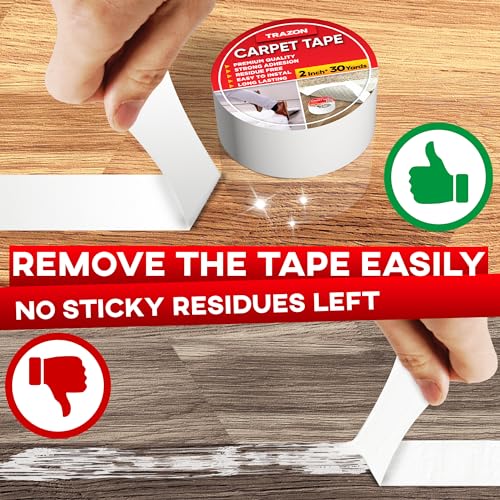 Image of Trazon Carpet Tape Double Sided - Rug Tape Grippers for Hardwood Floors and Area Rugs - Carpet Binding Tape Strong Adhesive and Removable, Heavy Duty Stickers Tape, Residue Free (2 Inch / 30 Yards)